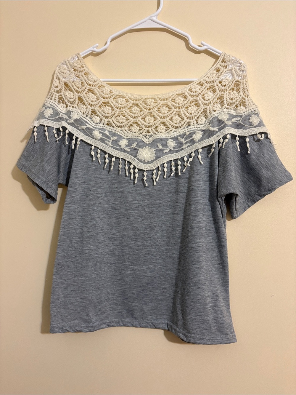 Trendy boutique Gray Top with Cream Crochet Yoke